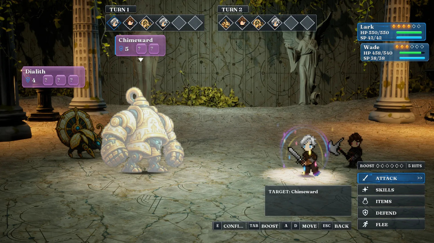 Lark boosts an attack against Chimeward and Dialith in an ancient temple