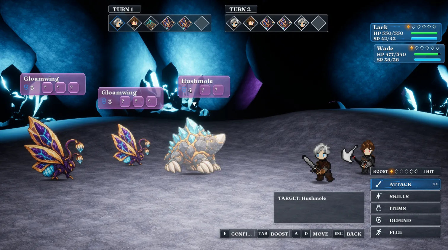 Lark and Wade battle Gloamwings and a Hushmole in a glowing cavern