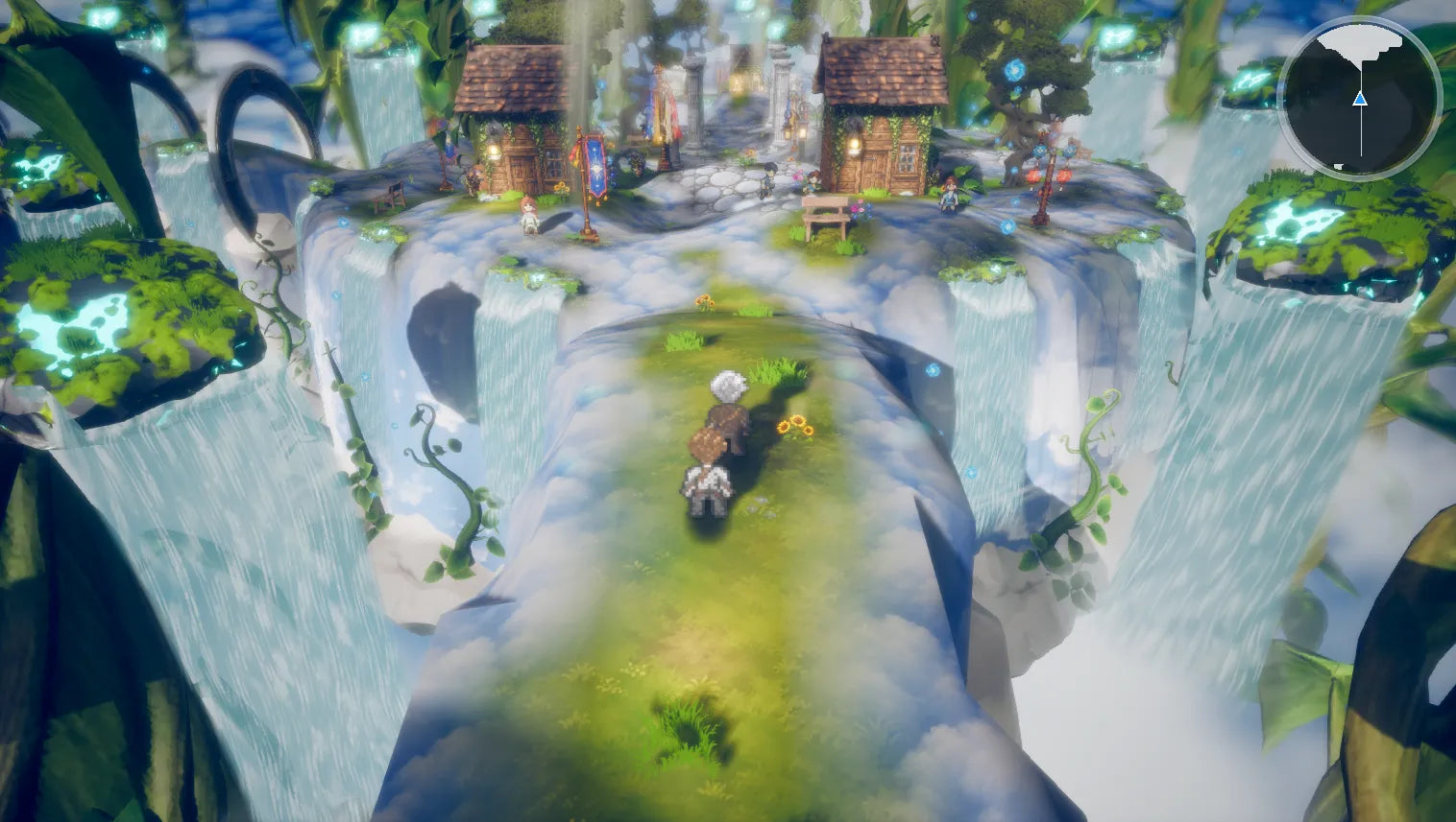 Skyreach village and waterfalls by day