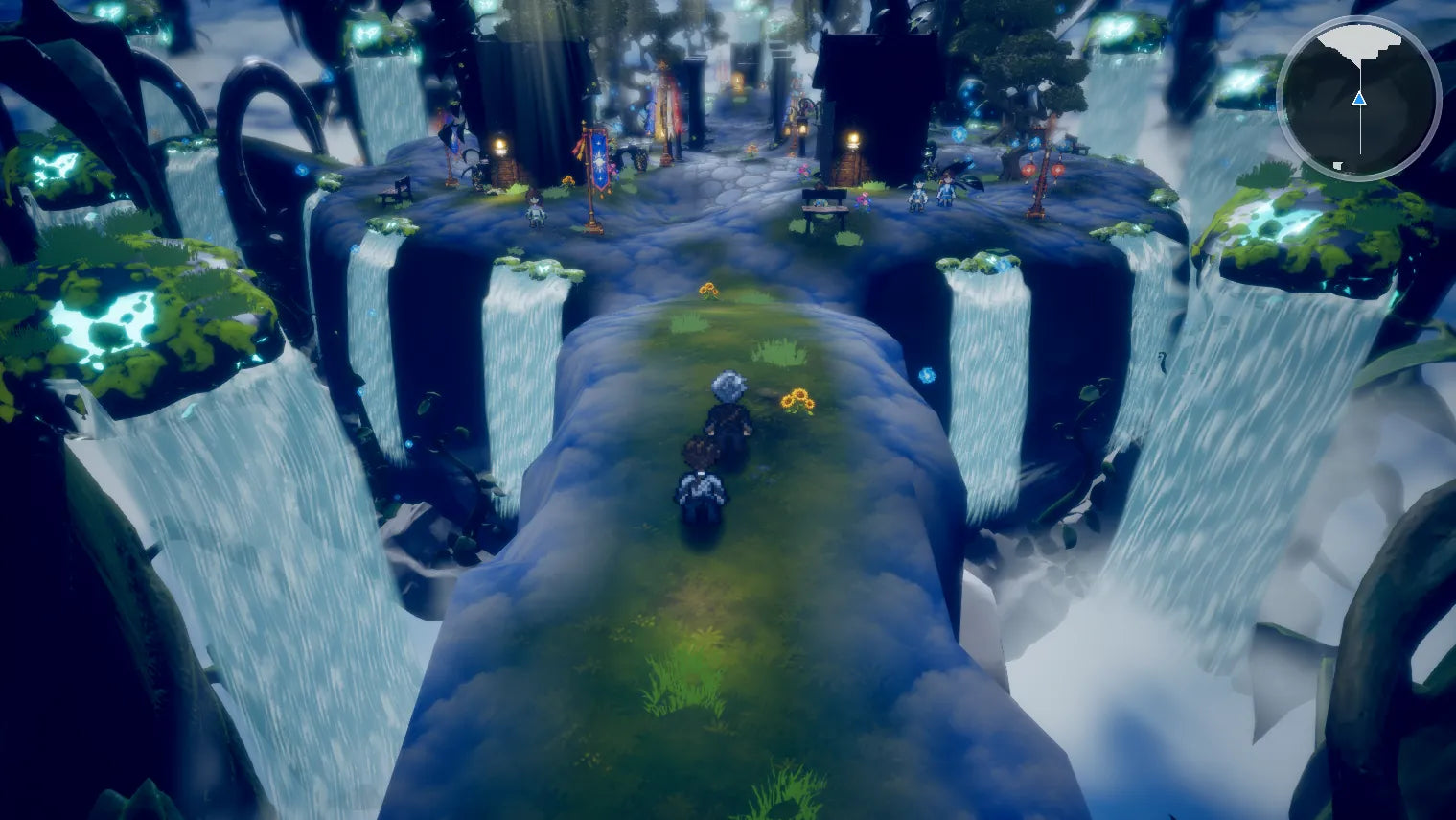 Skyreach village and waterfalls at night